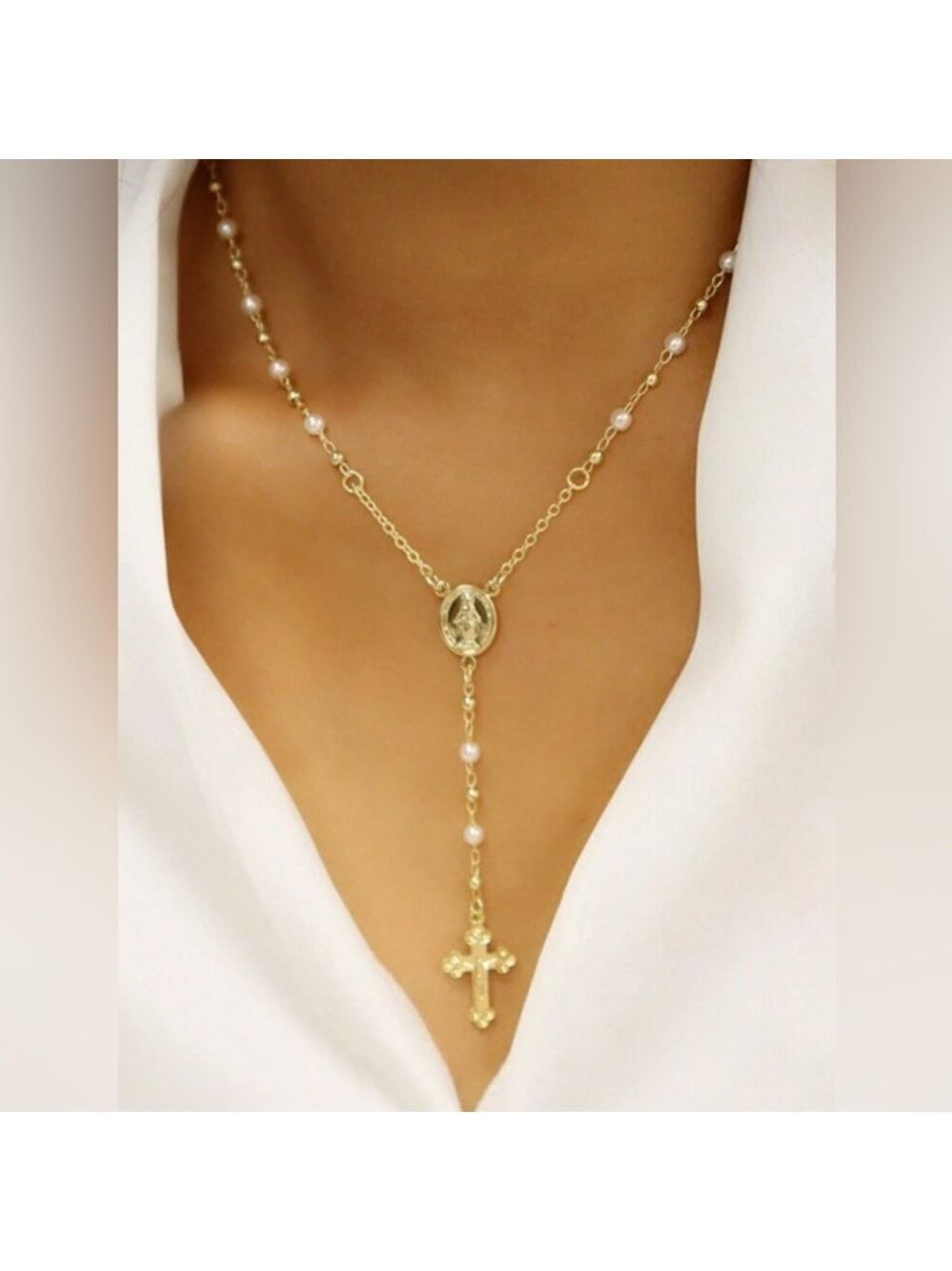Vintage Gold Virgin Mary Pendant Y Necklace Faux Pearl